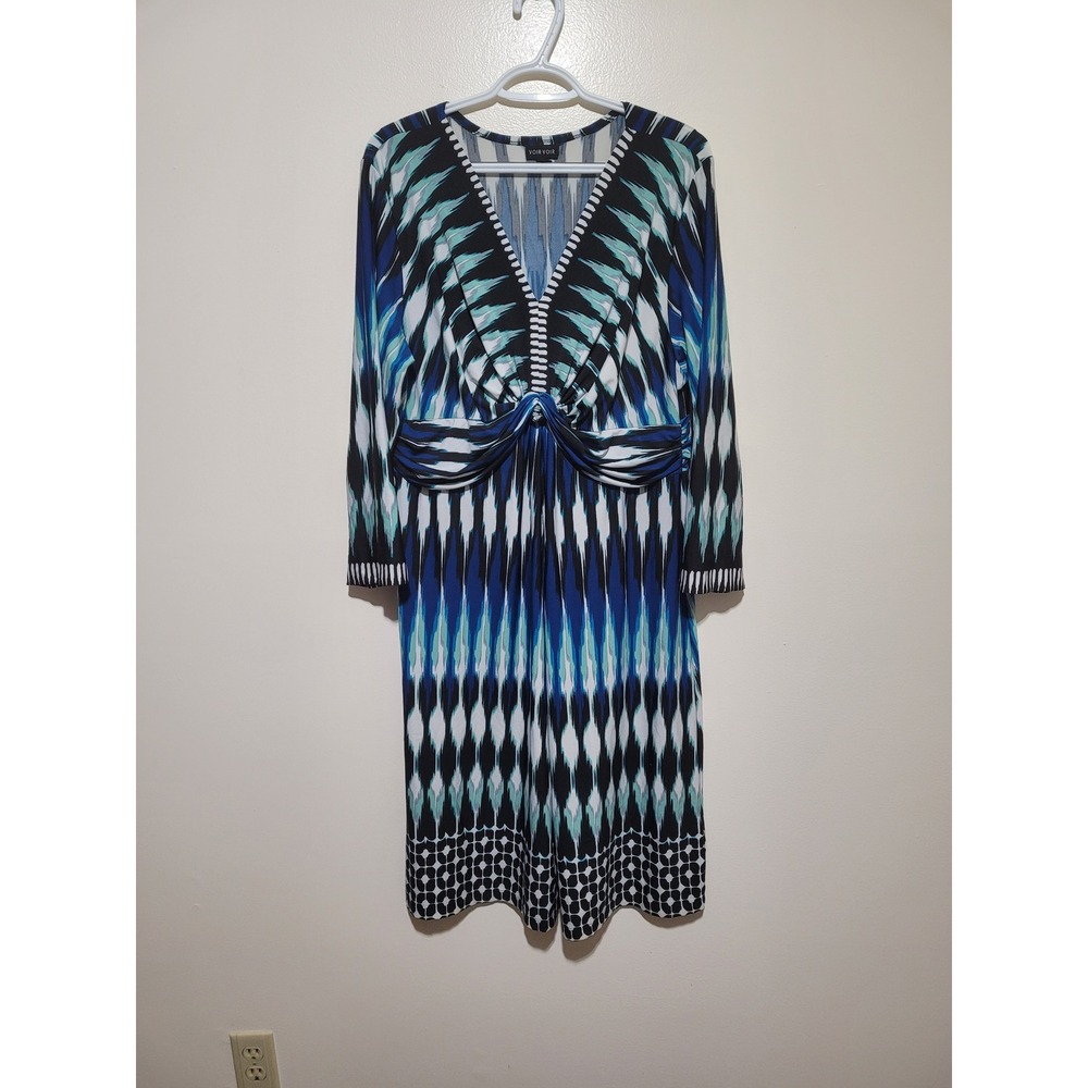 Voir‎ Voir Ikat Print Dress Womens 18 Blue Geometric Knot Front V-Neck